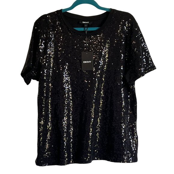 Dkny Tops - DKNY Womens Black Sequin Short Sleeve Top XL Holiday Sparkle Party Dressy NWT